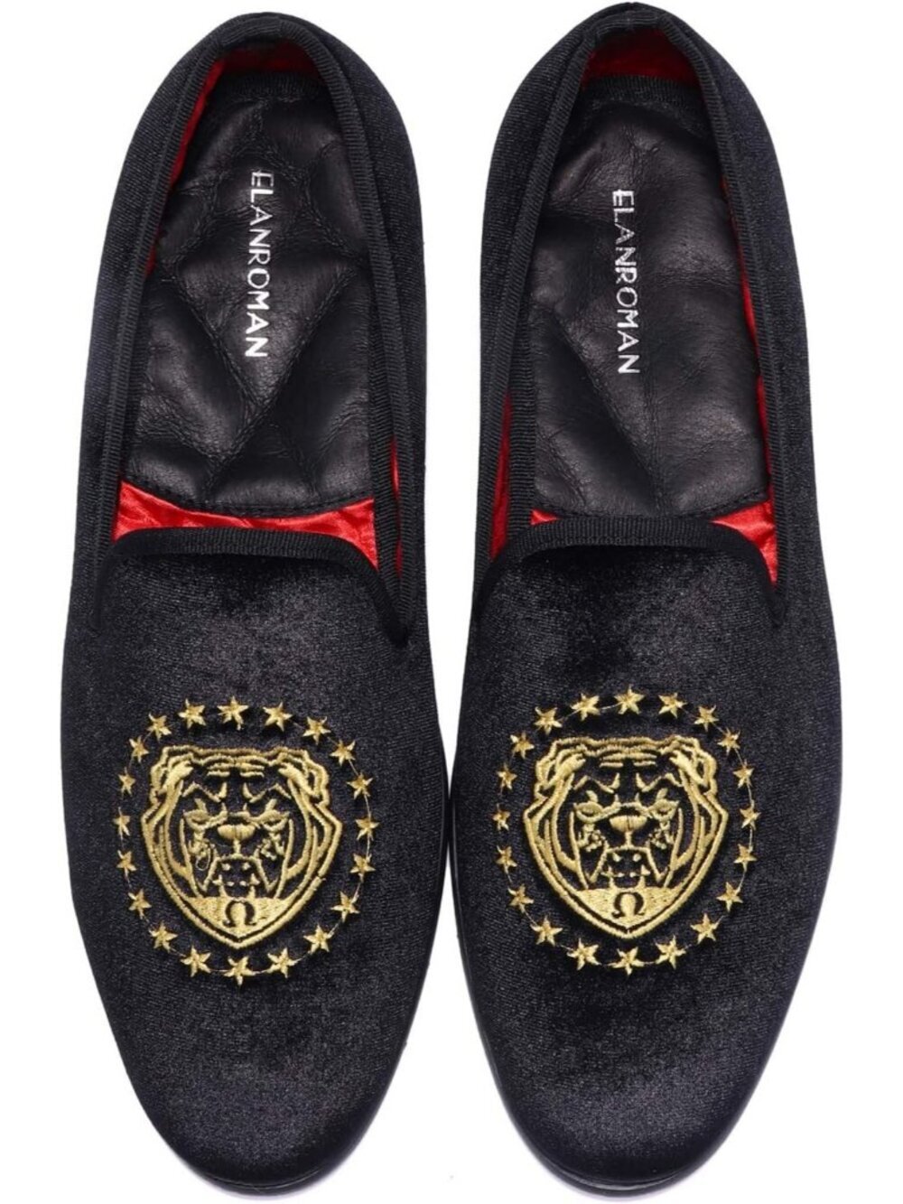 ELANROMAN Men's Black Velvet Loafers Embroidered Lion Crown Formal Party Shoes